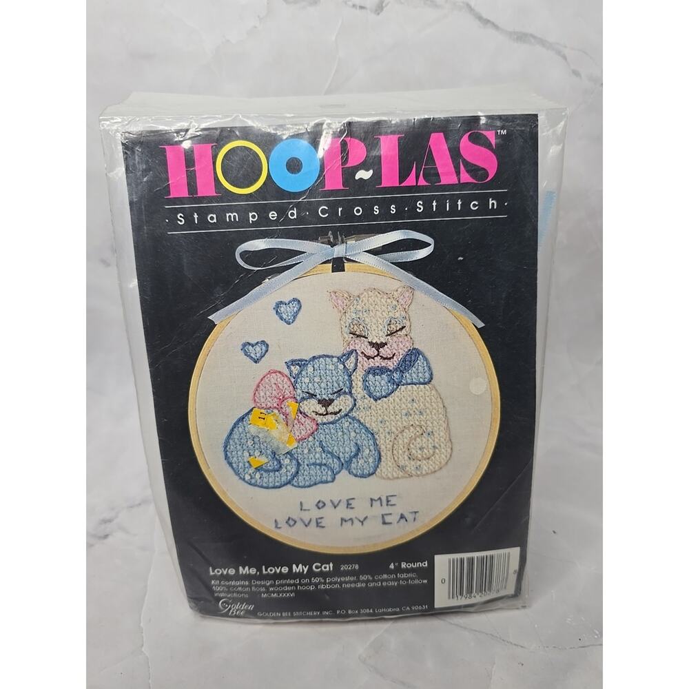 Vintage Golden Bee Hooplas Stamped Cross Stitch Love Me Love My Cat